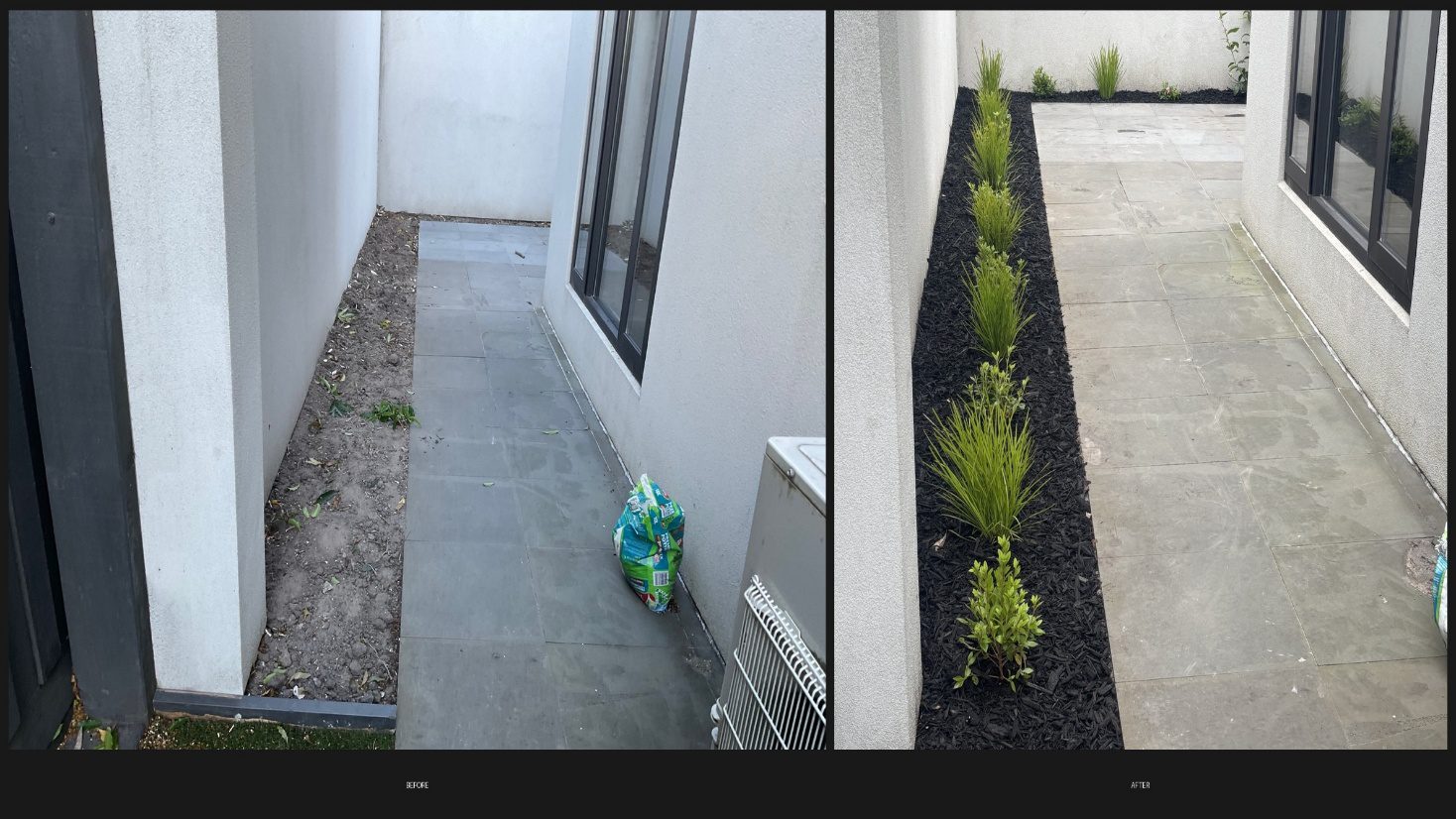 Narrow sideyard walkway before and after