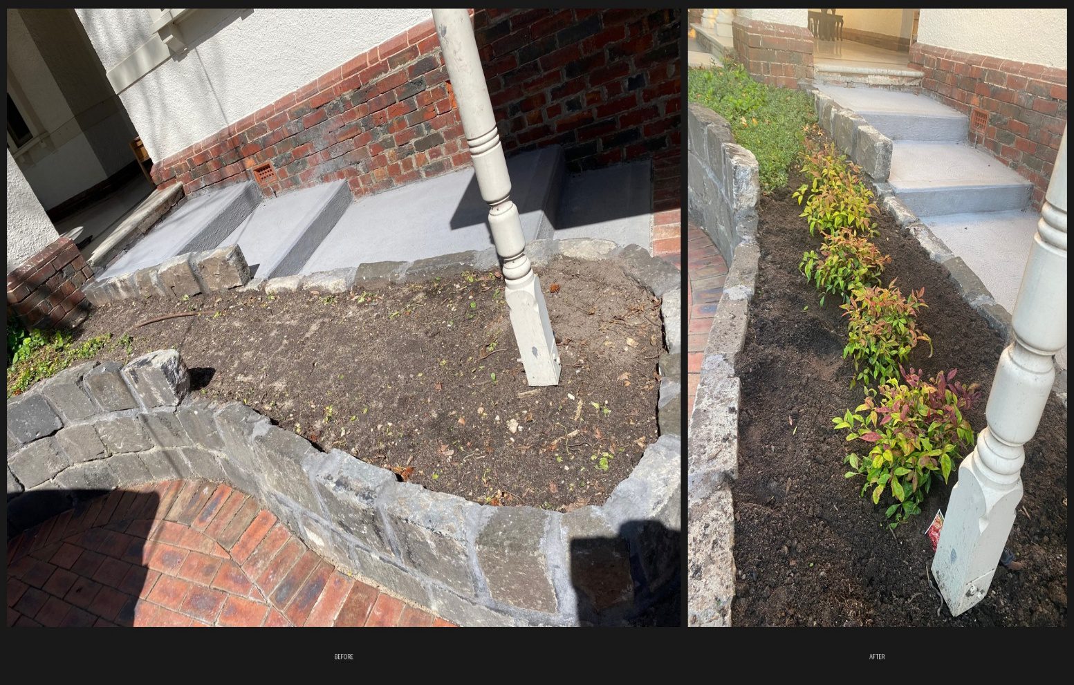 Stone-edged front planting bed beside porch post