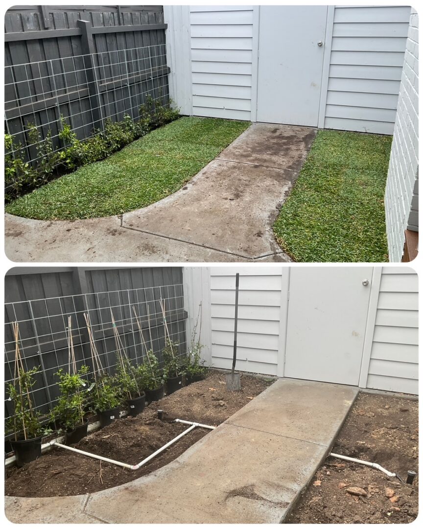 Before and after backyard path and garden beds